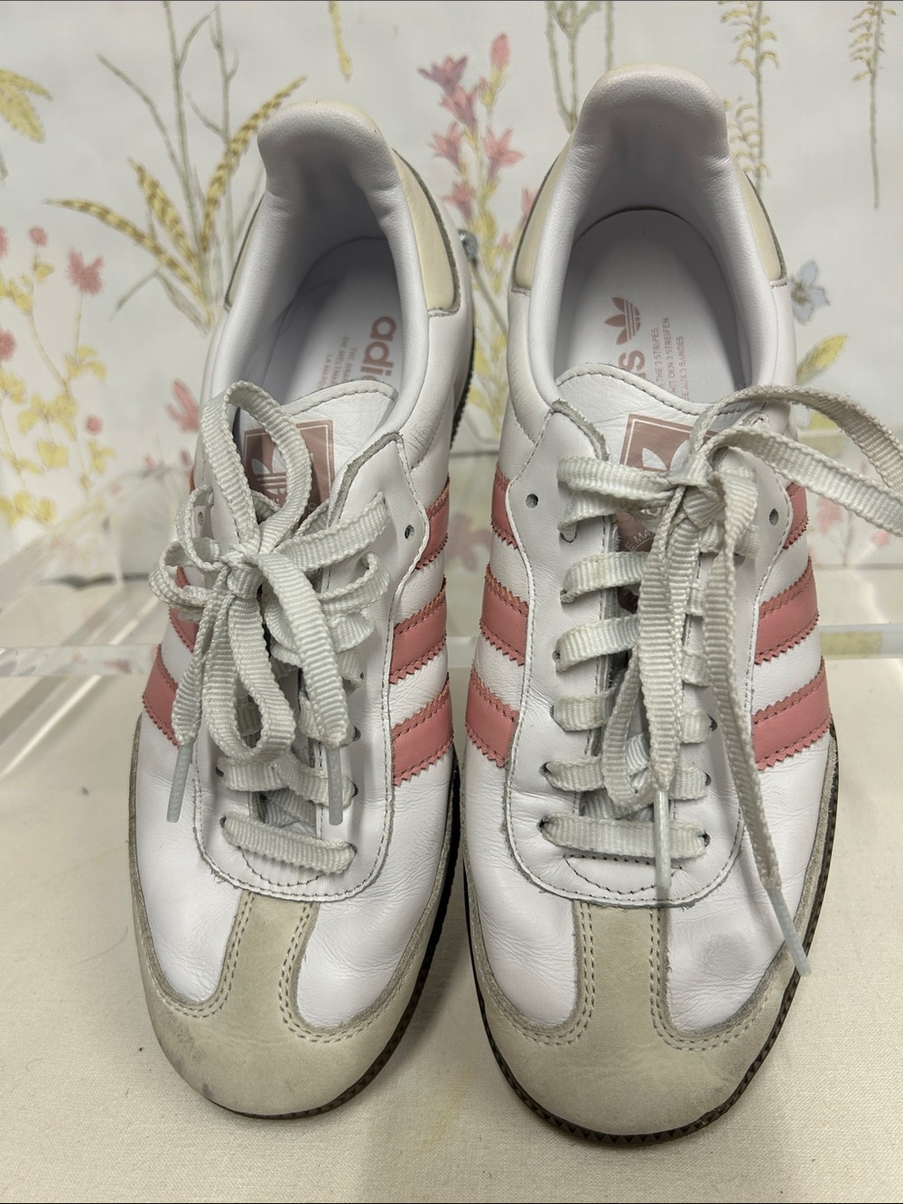 adidas Samba Sneakers - White with Pink Stripes and Brown Sole - Picture 5 of 14